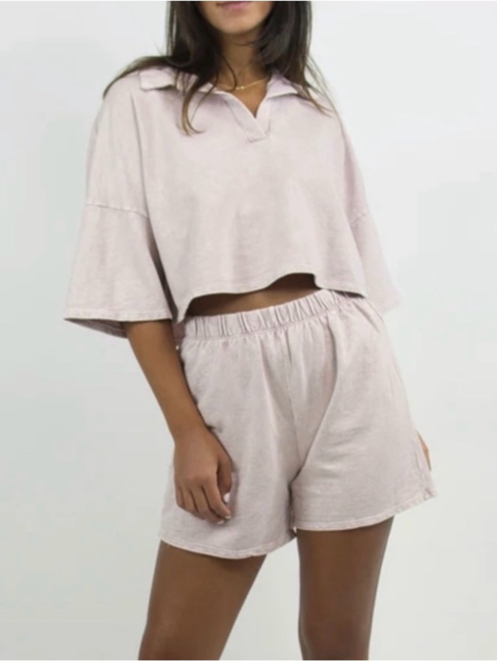 Blue Blush crop collared shirt & shorts set light pink size large